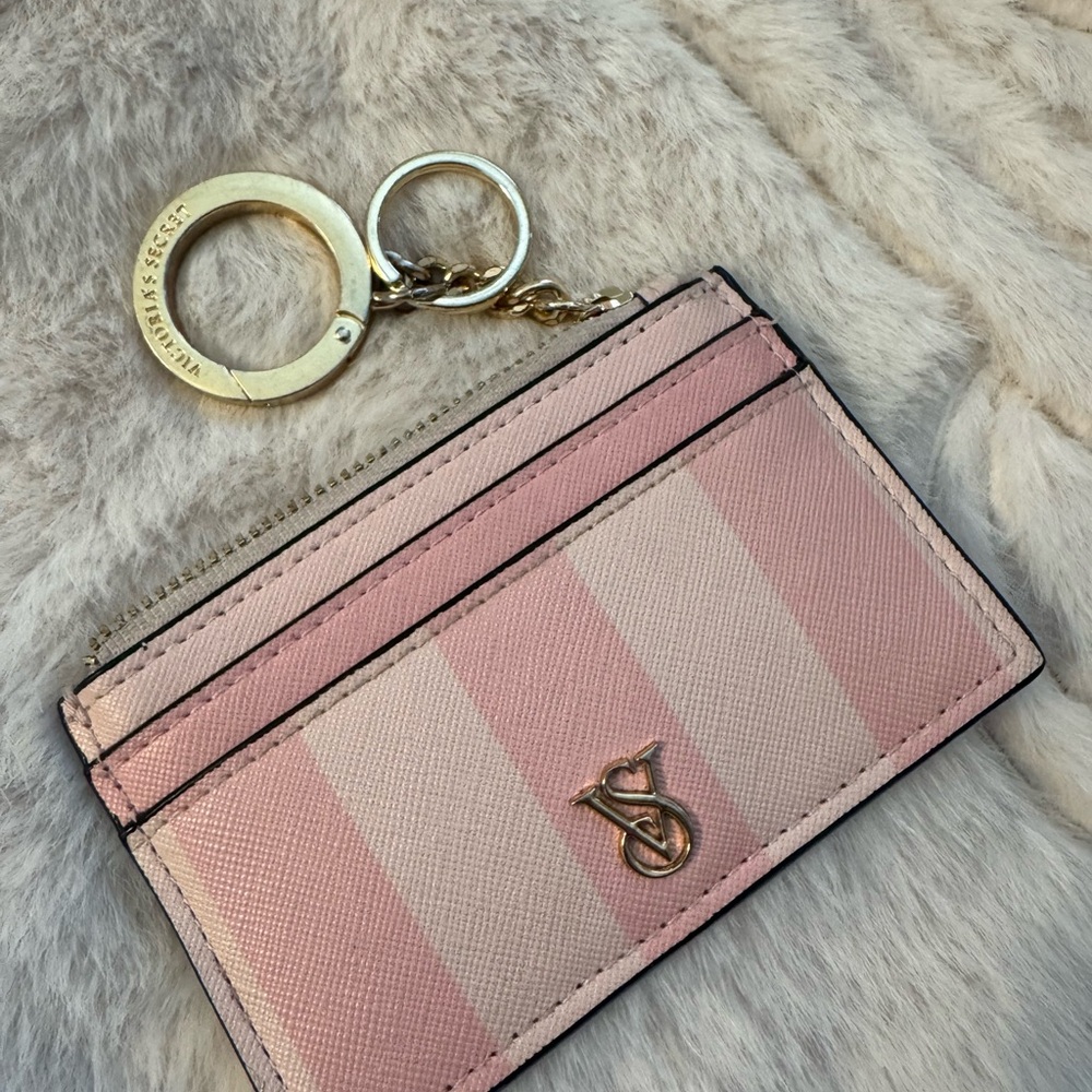 Victoria's Secret Pink and Cream Card Holder with Gold Keychain